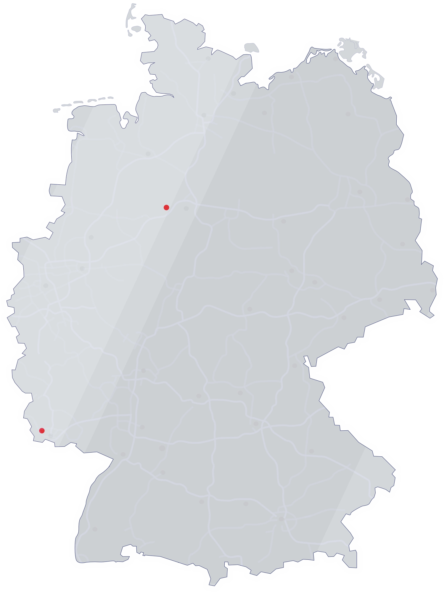Stilisierte Deutschlandkarte mit den Standorten der Otto Hattendorf GmbH in Lindhorst und Saarlouis